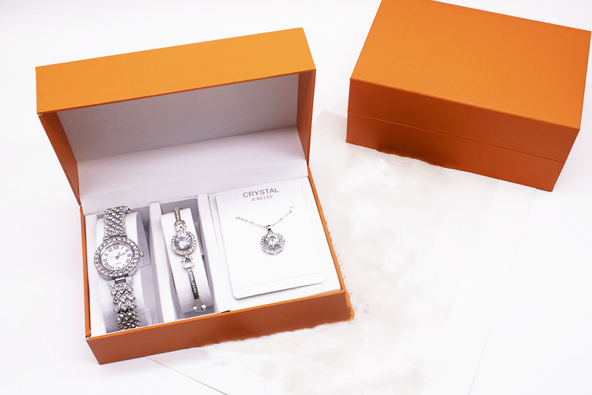 3-piece Rhinestone Watch Set with Bracelet and Necklace