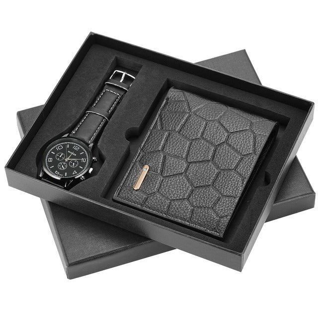 Men's Watch & Textured Leather Wallet Gift Set – Elegant Timepiece with Stylish Billfold