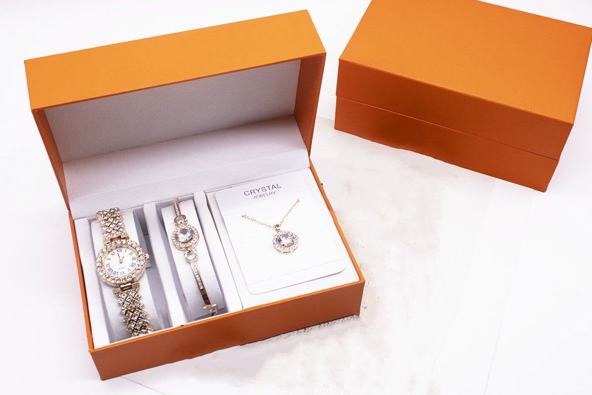 3-piece Rhinestone Watch Set with Bracelet and Necklace