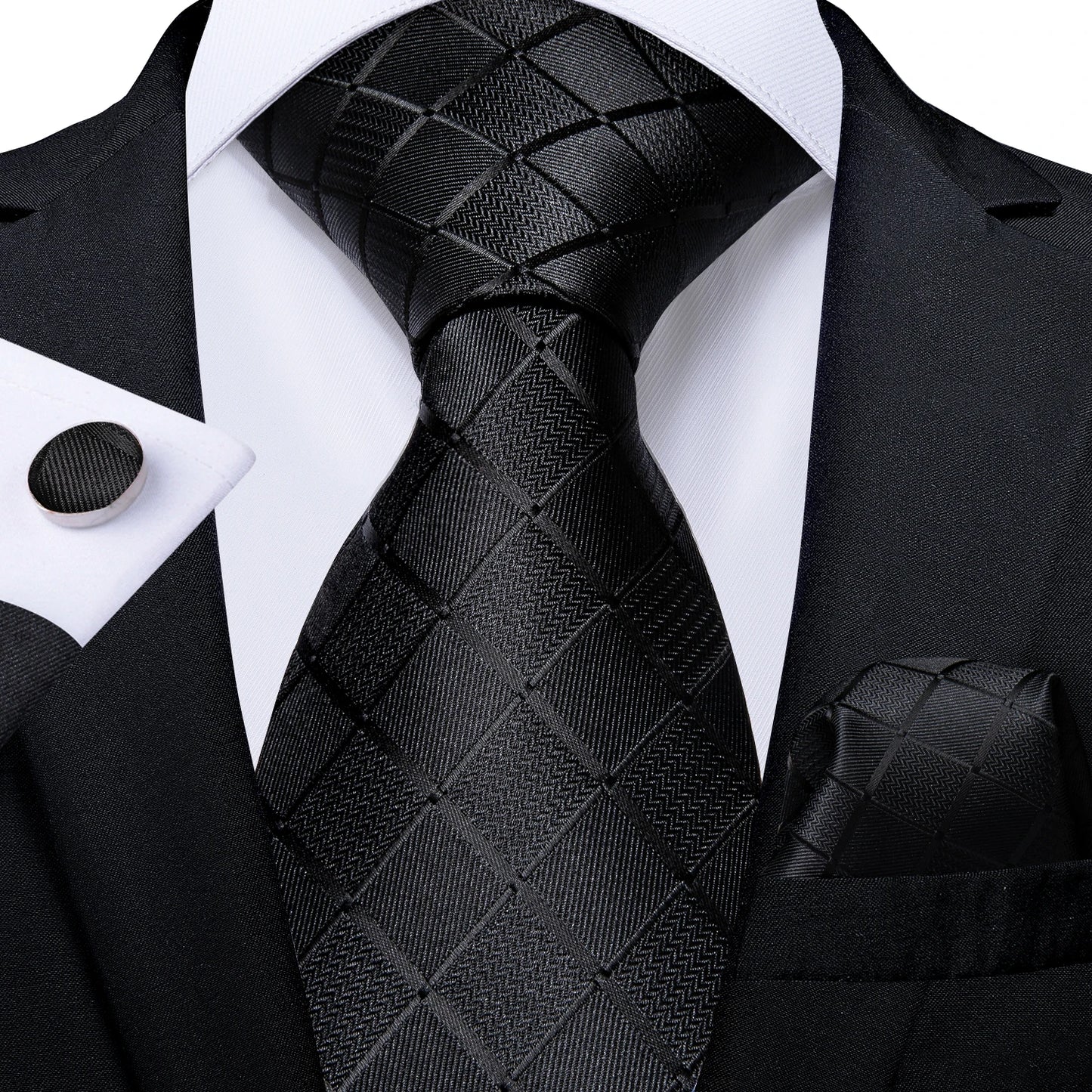Men's Fashion Solid Tie Set with Handkerchief and Cufflinks