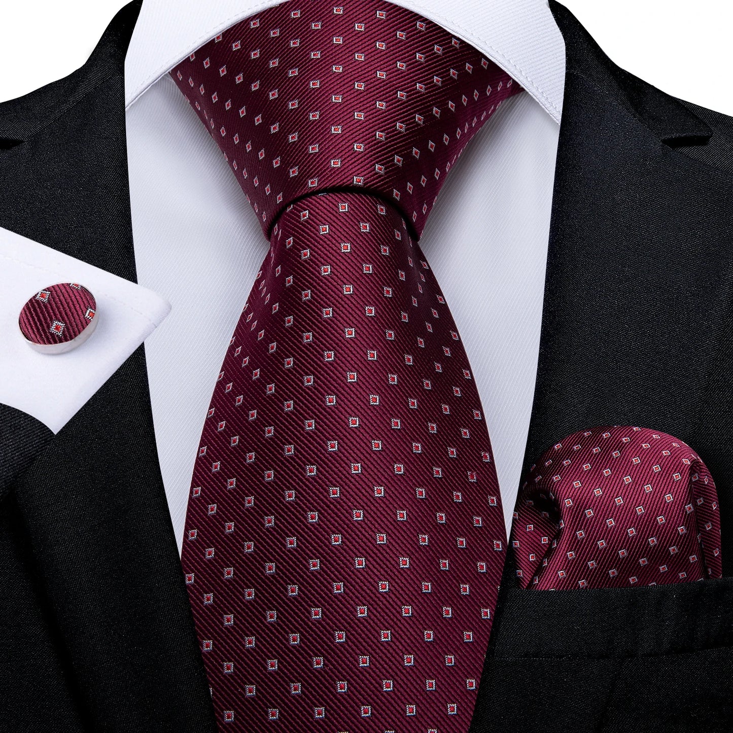 Men's Fashion Solid Tie Set with Handkerchief and Cufflinks