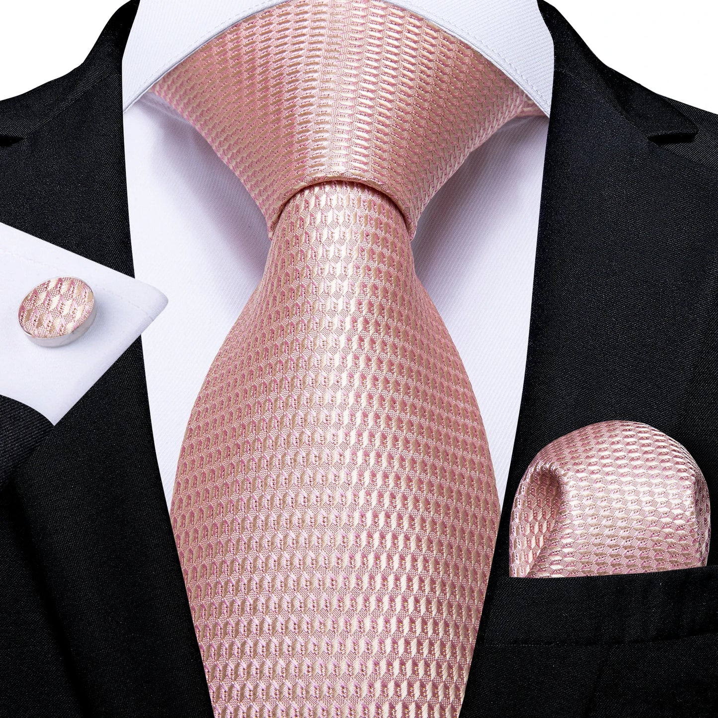 Men's Fashion Solid Tie Set with Handkerchief and Cufflinks