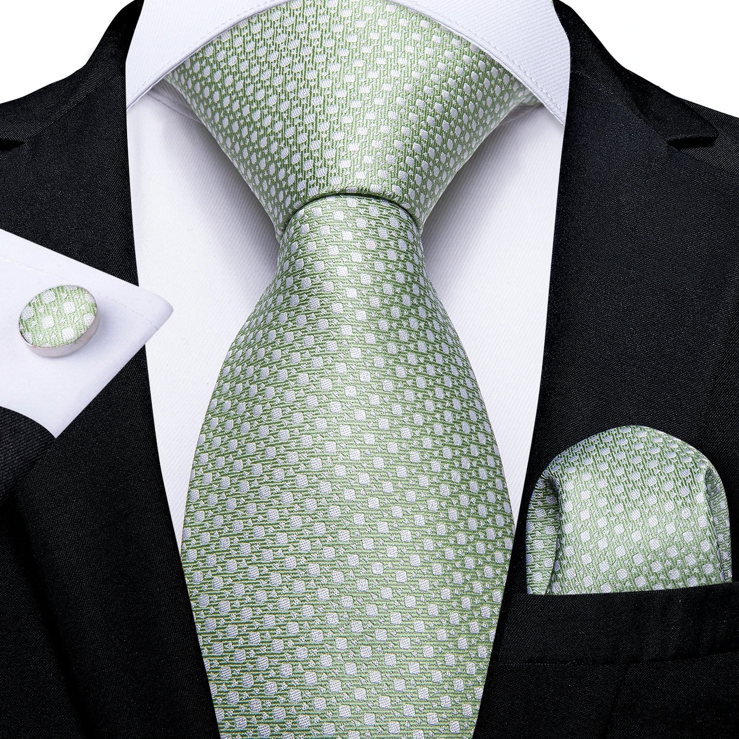 Men's Fashion Solid Tie Set with Handkerchief and Cufflinks