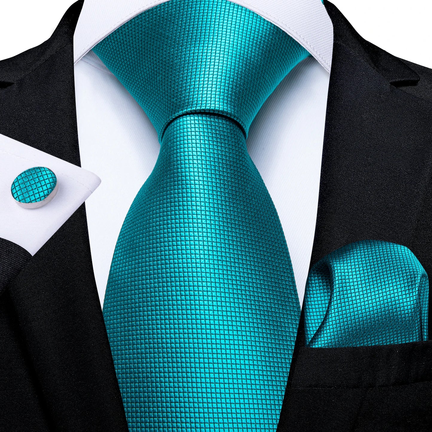 Men's Fashion Solid Tie Set with Handkerchief and Cufflinks