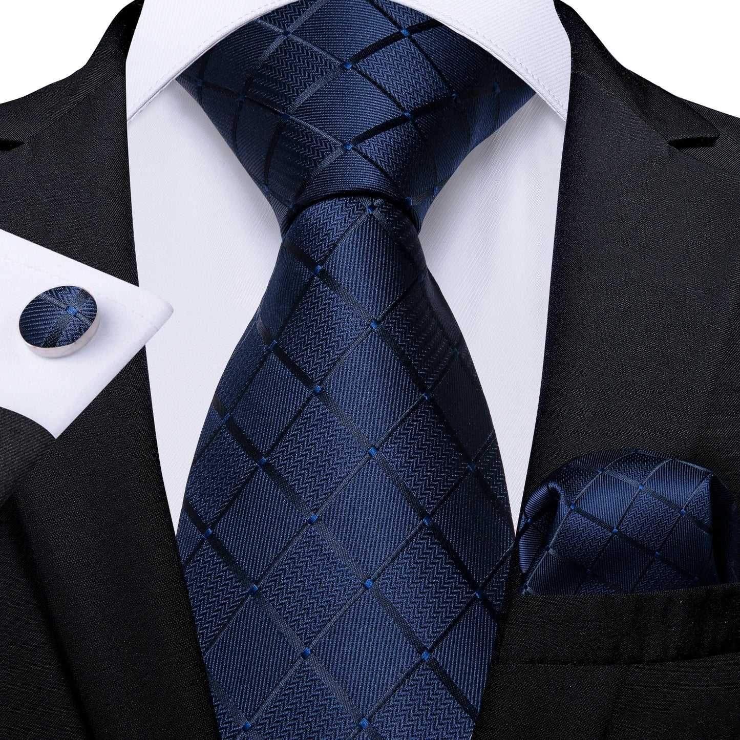 Men's Fashion Solid Tie Set with Handkerchief and Cufflinks