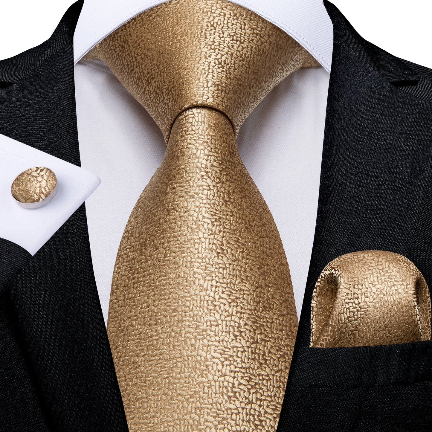 Men's Fashion Solid Tie Set with Handkerchief and Cufflinks