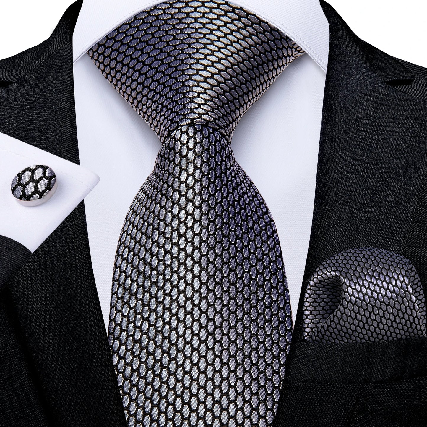 Men's Fashion Solid Tie Set with Handkerchief and Cufflinks