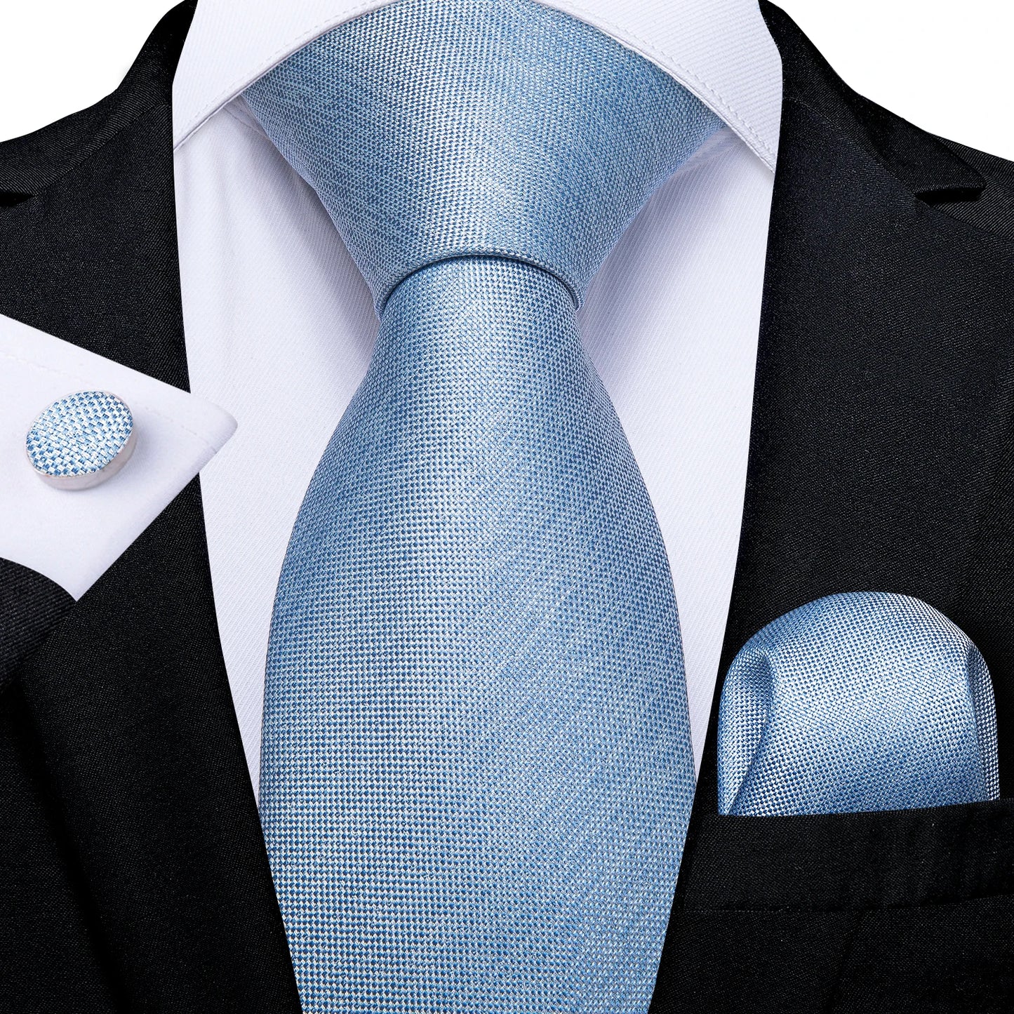 Men's Fashion Solid Tie Set with Handkerchief and Cufflinks